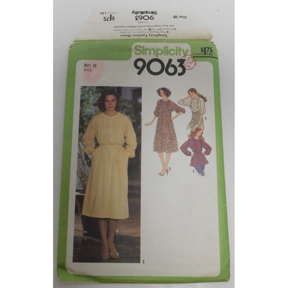 1979 Simplicity 9063 Sewing Pattern Dress Tunic Top Size 18 Bust 40 Vintage